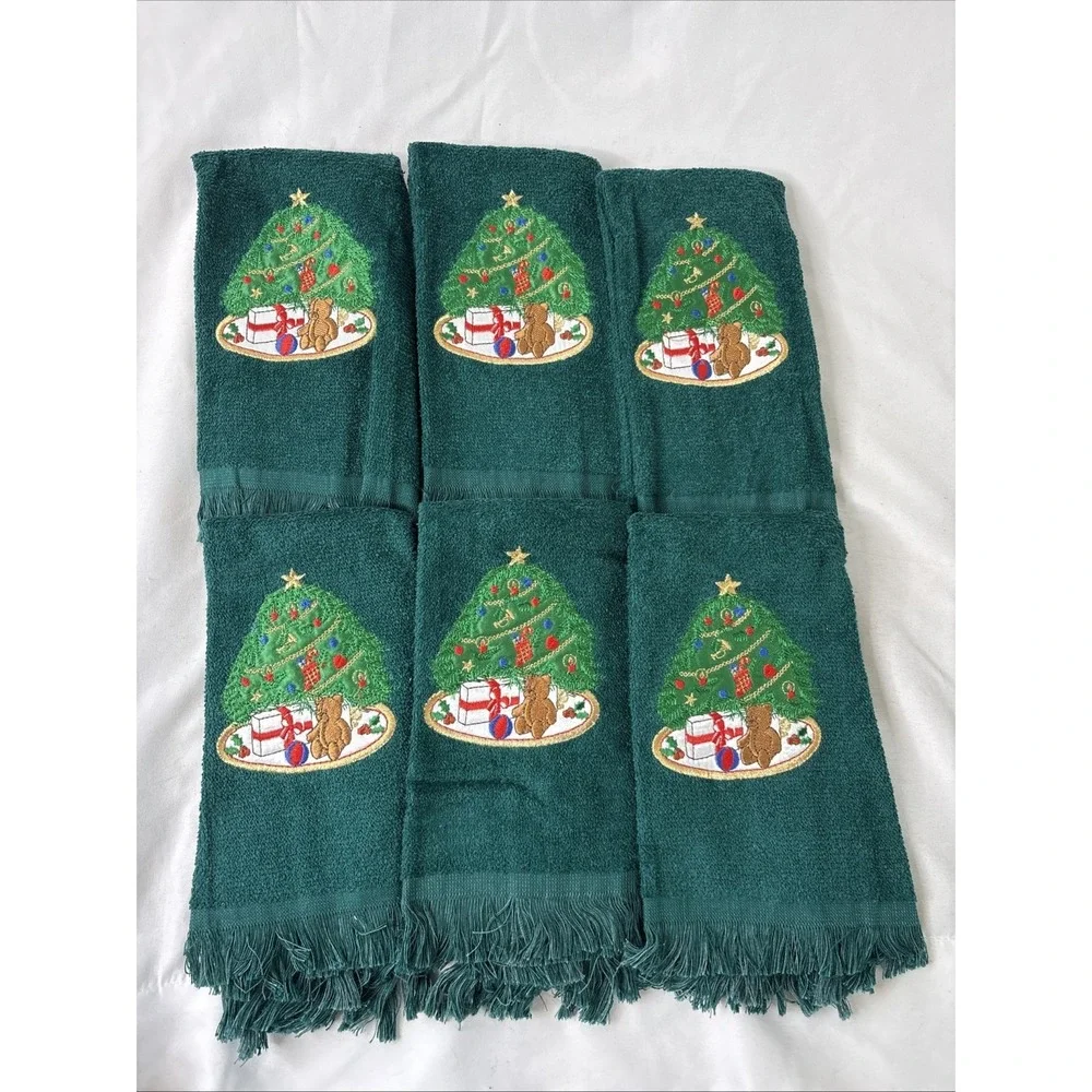 Vtg Christmas Fingertip Towels Set Of 6 Green Embroidered Teddy Bear Tree New